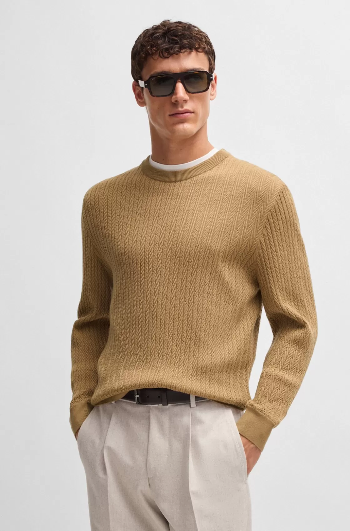 HUGO BOSS Wool-blend Knitted Sweater With Herringbone Structure Beige Clearance