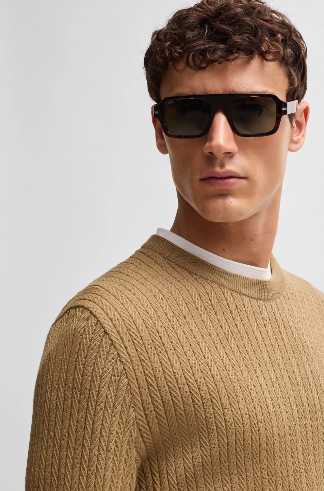 HUGO BOSS Wool-blend Knitted Sweater With Herringbone Structure Beige Clearance