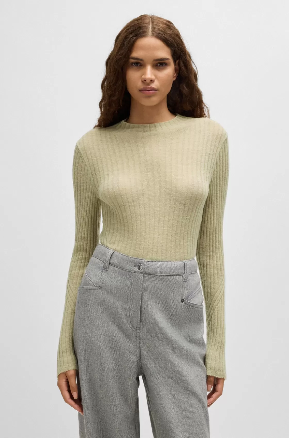 HUGO BOSS Wool-blend Slim-fit Sweater With Side Slits Khaki New