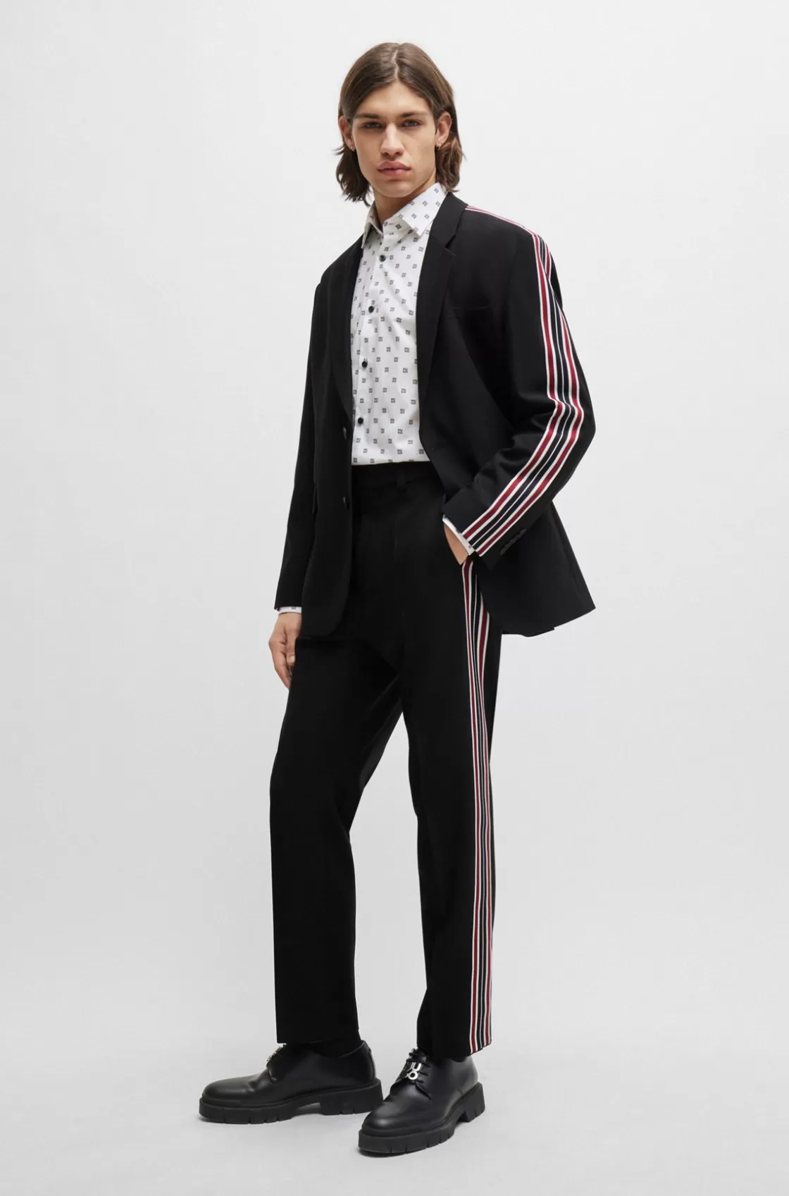 HUGO BOSS Wool-blend Suit With Striped-tape Trims Black Clearance