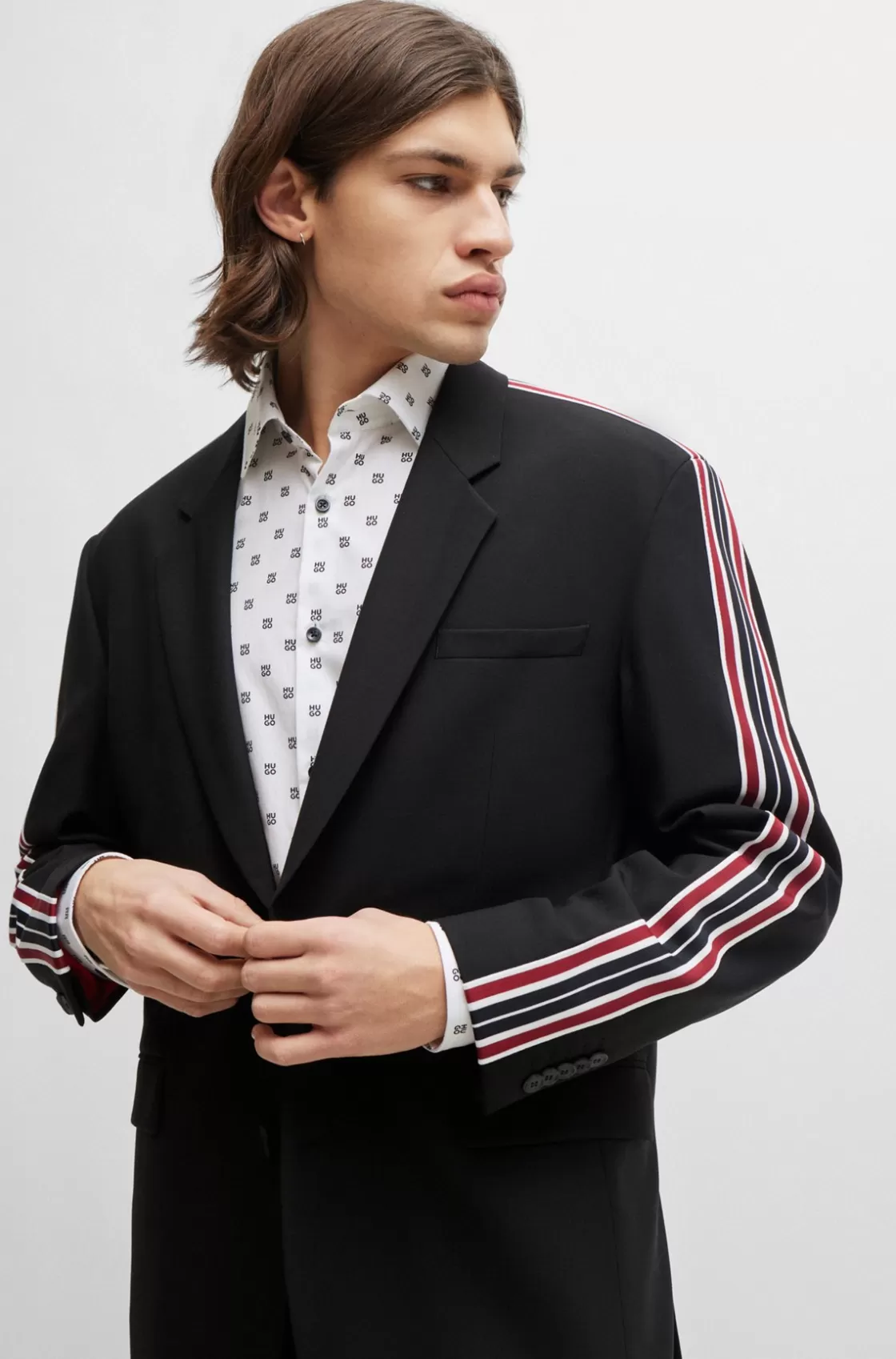 HUGO BOSS Wool-blend Suit With Striped-tape Trims Black Clearance
