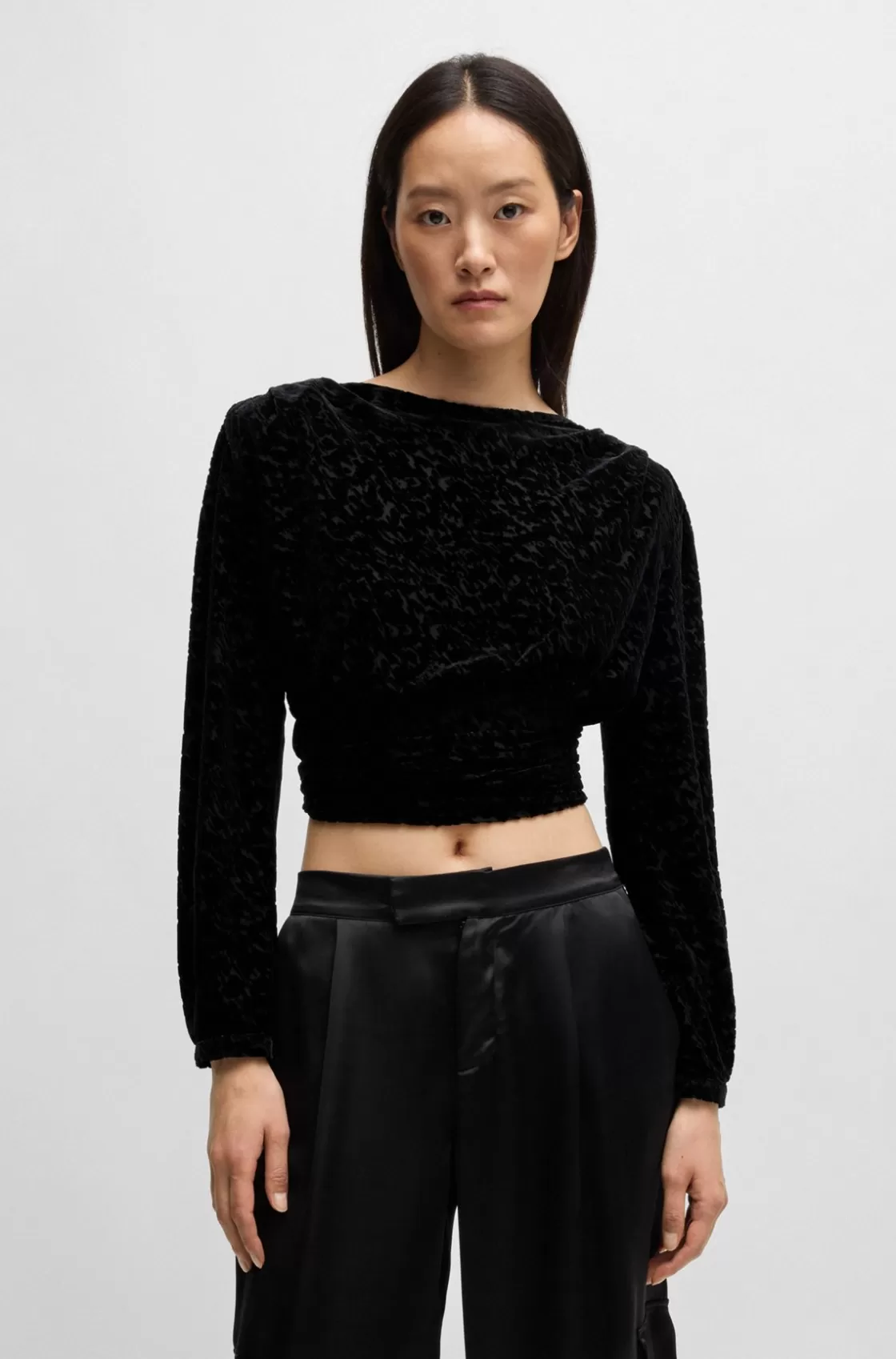 HUGO BOSS Wrap Top In Devoré Burnout Jersey Black Outlet