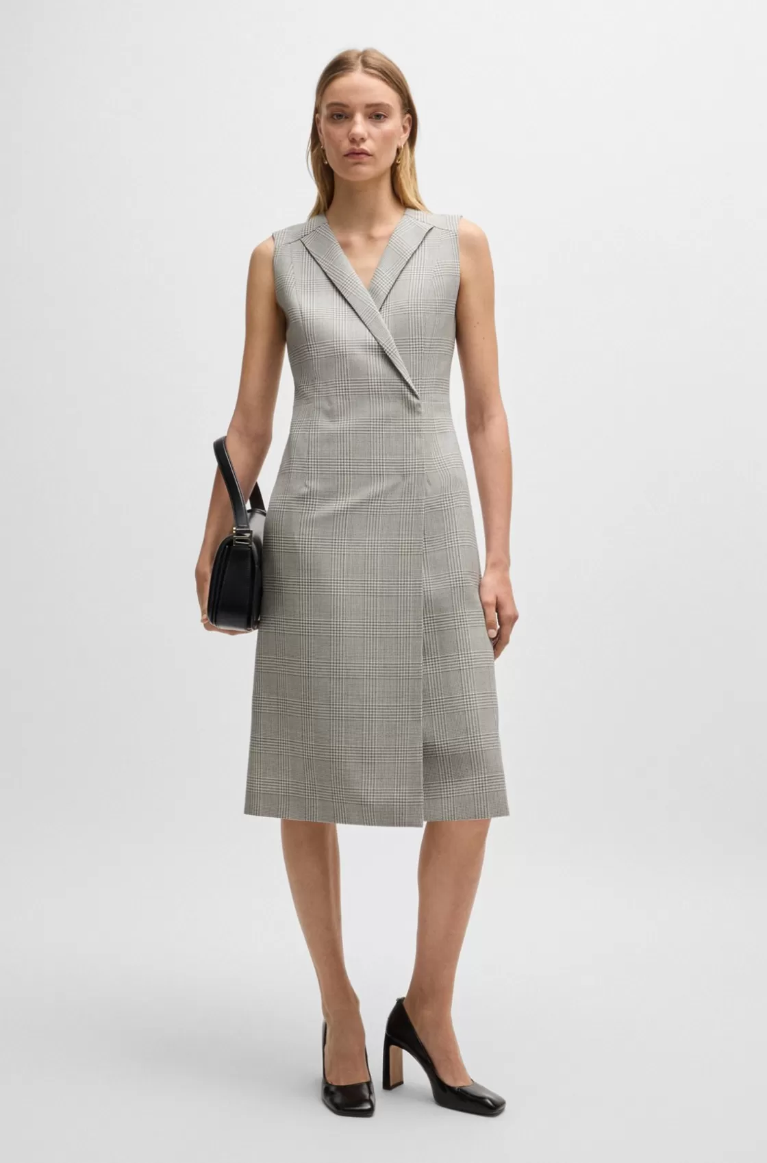 HUGO BOSS Wrap-front Dress In Checked Virgin-wool Crepe Patterned Clearance