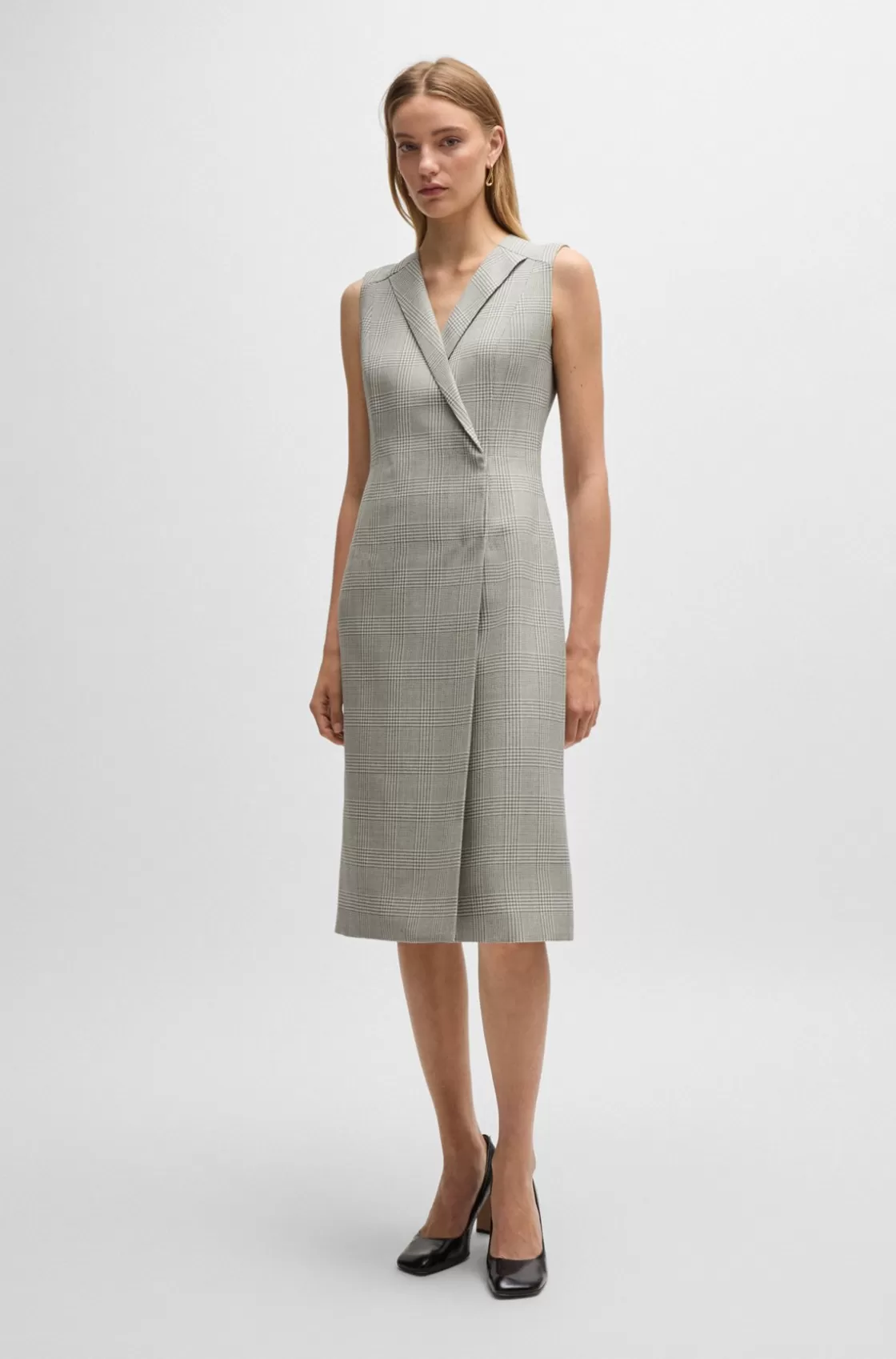 HUGO BOSS Wrap-front Dress In Checked Virgin-wool Crepe Patterned Clearance