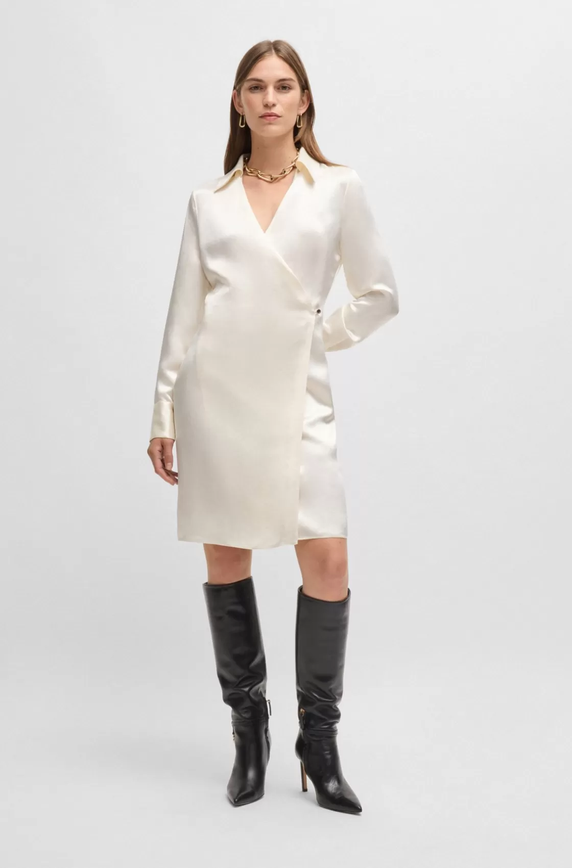 HUGO BOSS Wrap-front Dress With Collar White Store