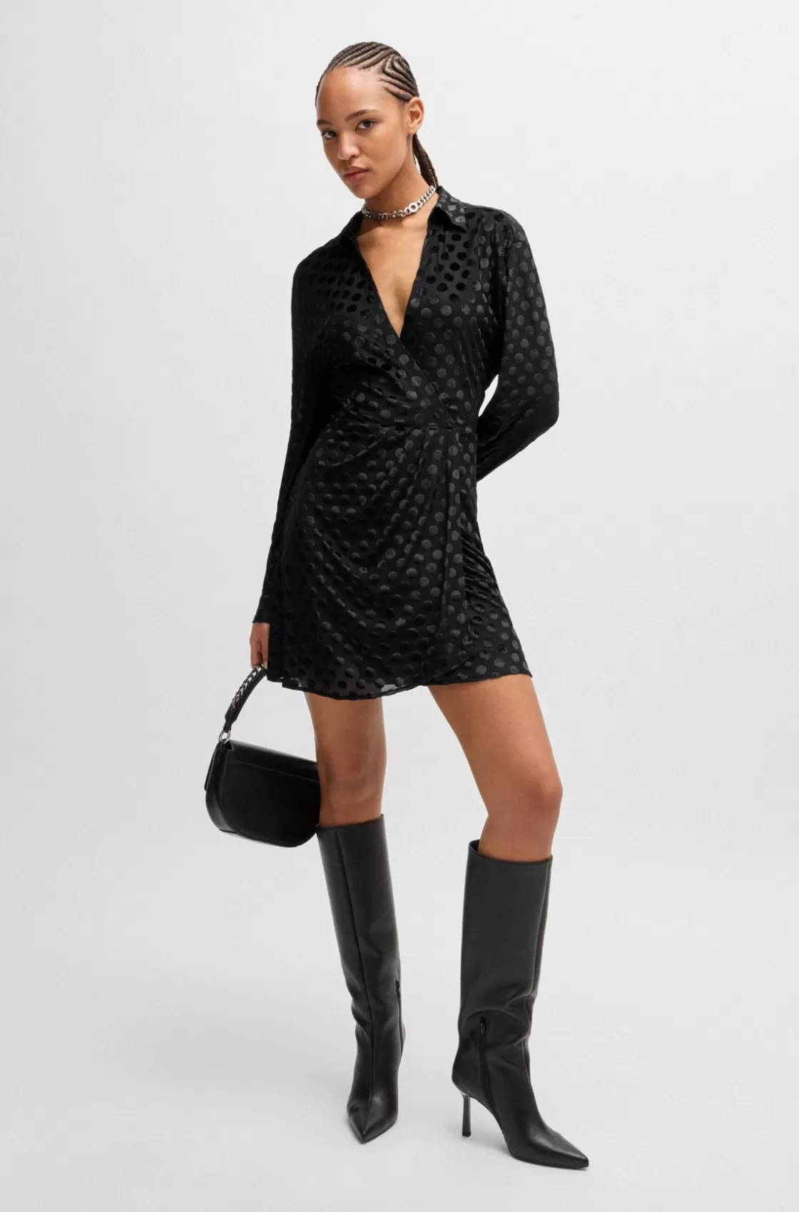 HUGO BOSS Wrap-front Regular-fit Dress With Devoré Pattern Patterned Fashion