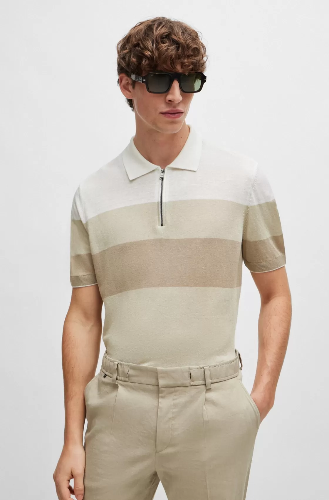 HUGO BOSS Zip-neck Knit Polo In A Linen Blend Light Beige Discount