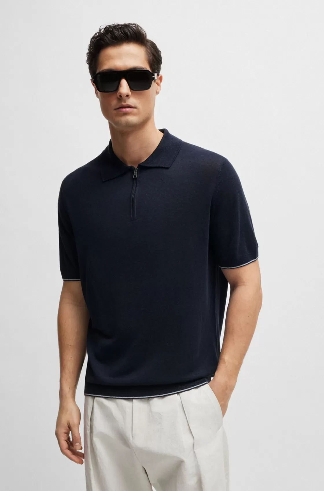 HUGO BOSS Zip-neck Knit Polo In A Linen Blend Dark Blue New