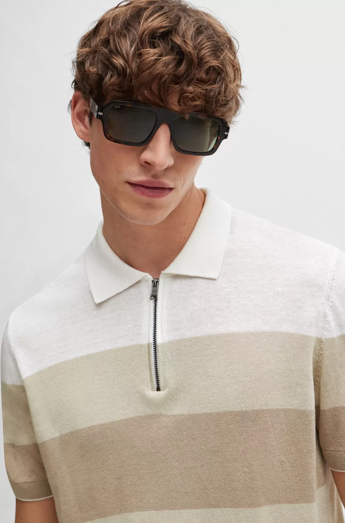 HUGO BOSS Zip-neck Knit Polo In A Linen Blend Light Beige Discount