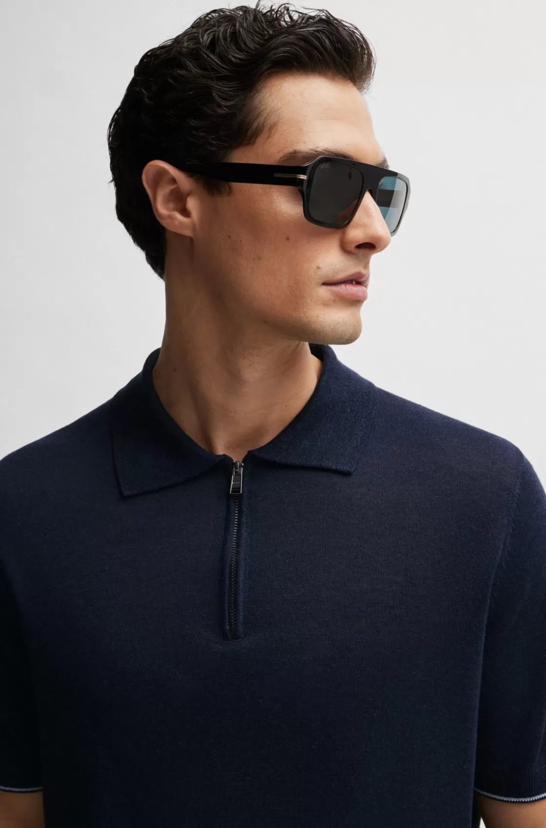 HUGO BOSS Zip-neck Knit Polo In A Linen Blend Dark Blue New