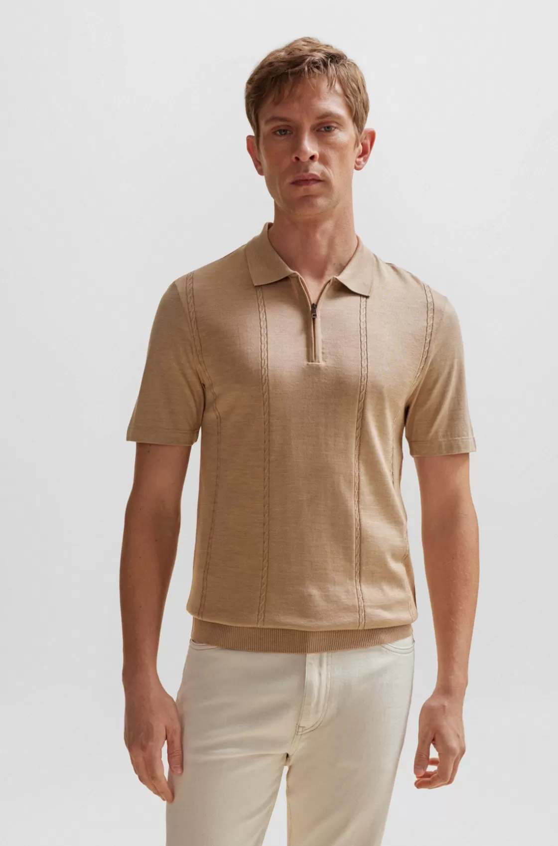 HUGO BOSS Zip-neck Polo Shirt In Cotton And Silk Beige Shop