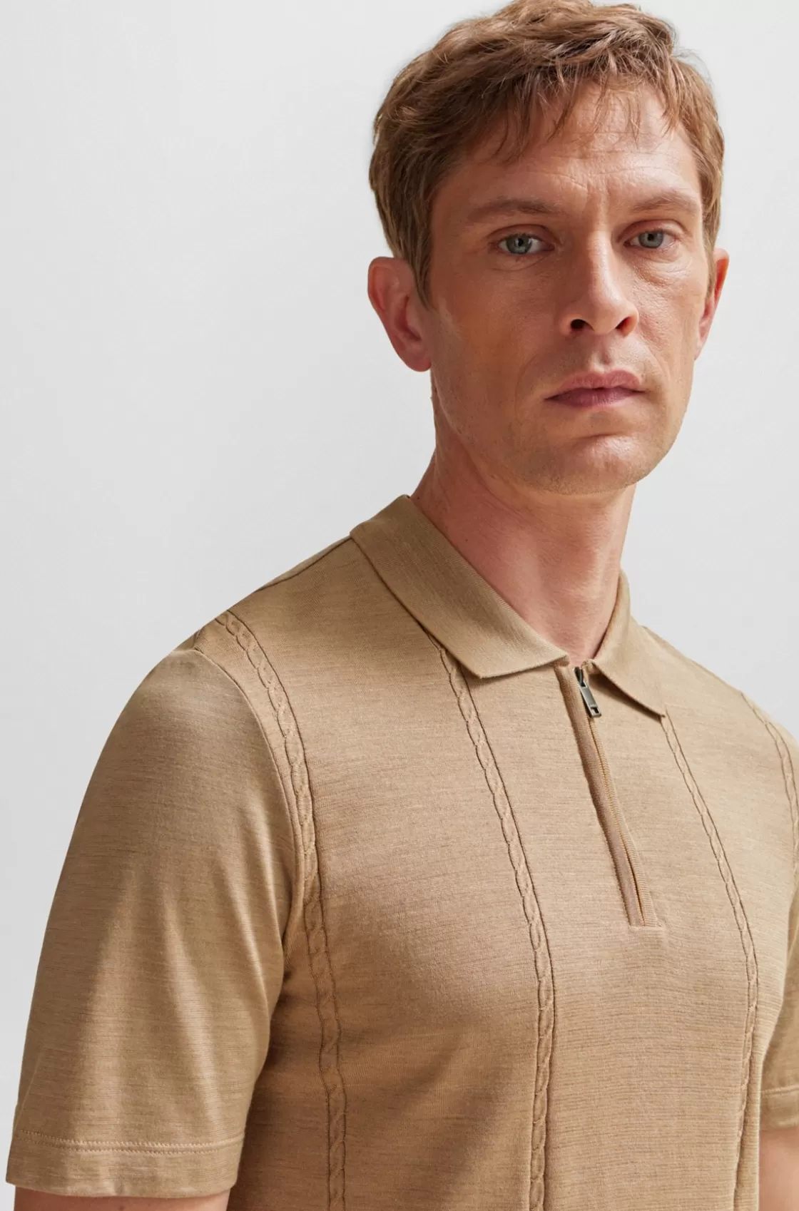 HUGO BOSS Zip-neck Polo Shirt In Cotton And Silk Beige Shop