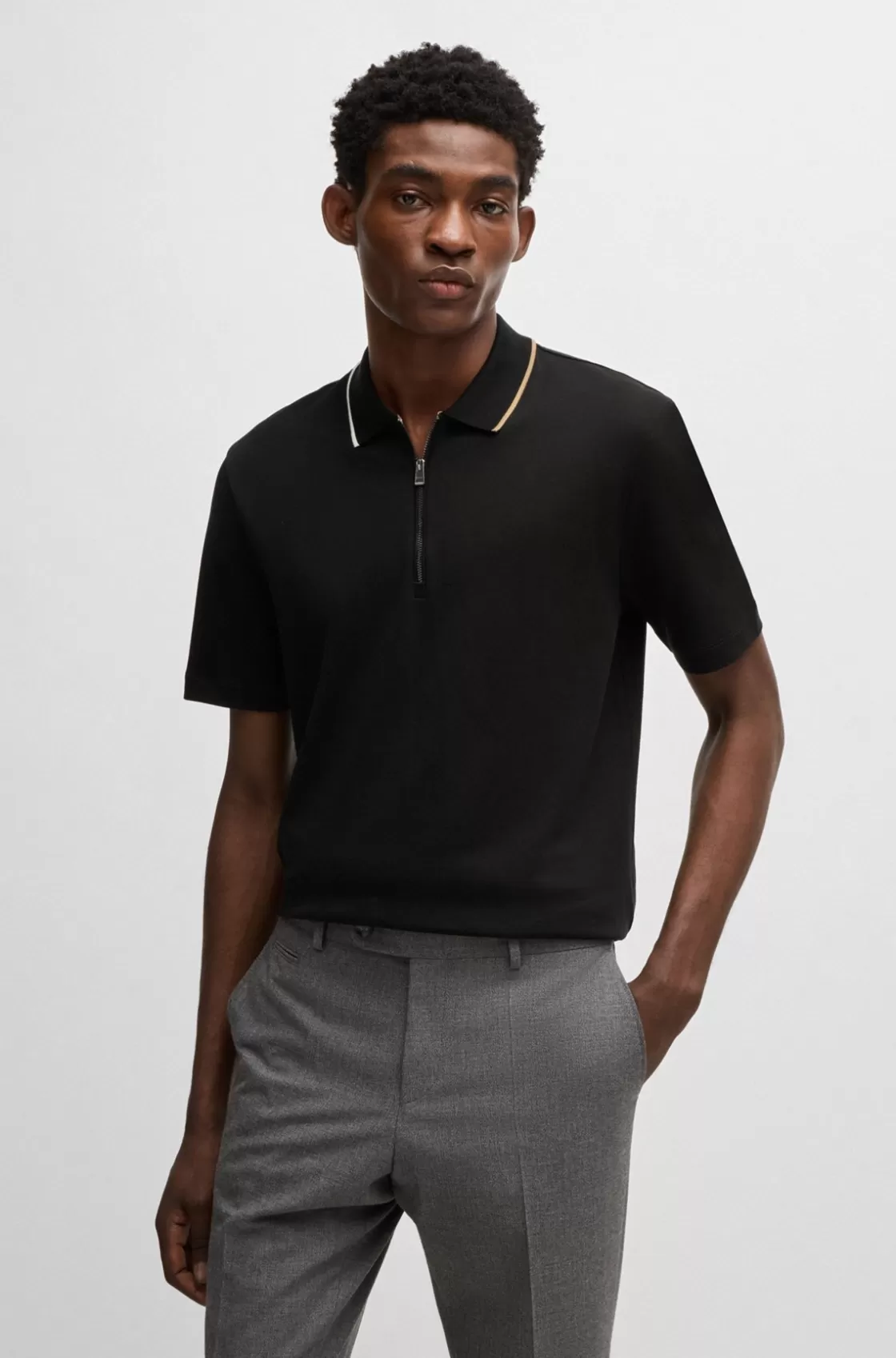 HUGO BOSS Zip-neck Polo Shirt In Interlock Cotton Black New