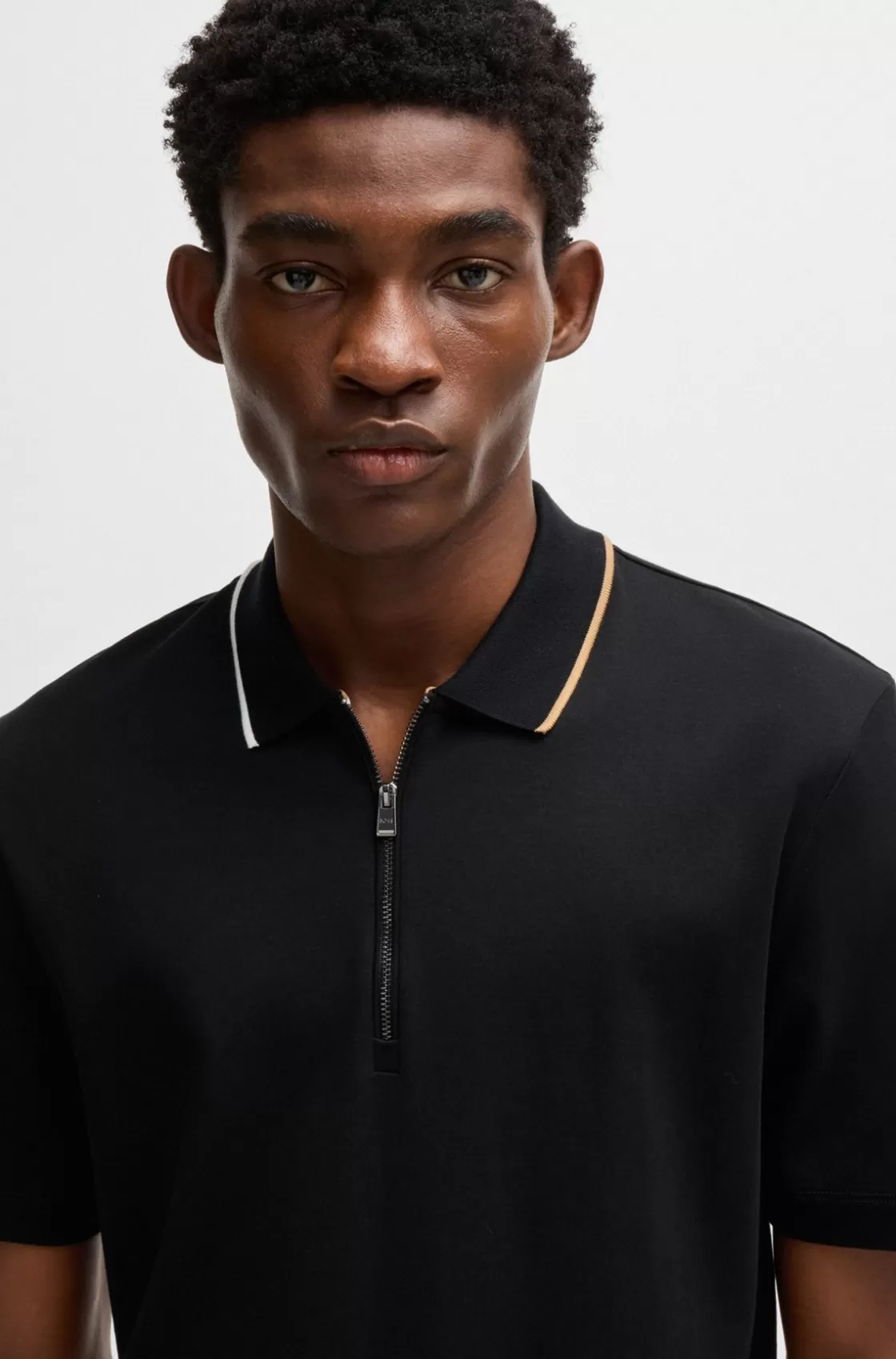 HUGO BOSS Zip-neck Polo Shirt In Interlock Cotton Black New