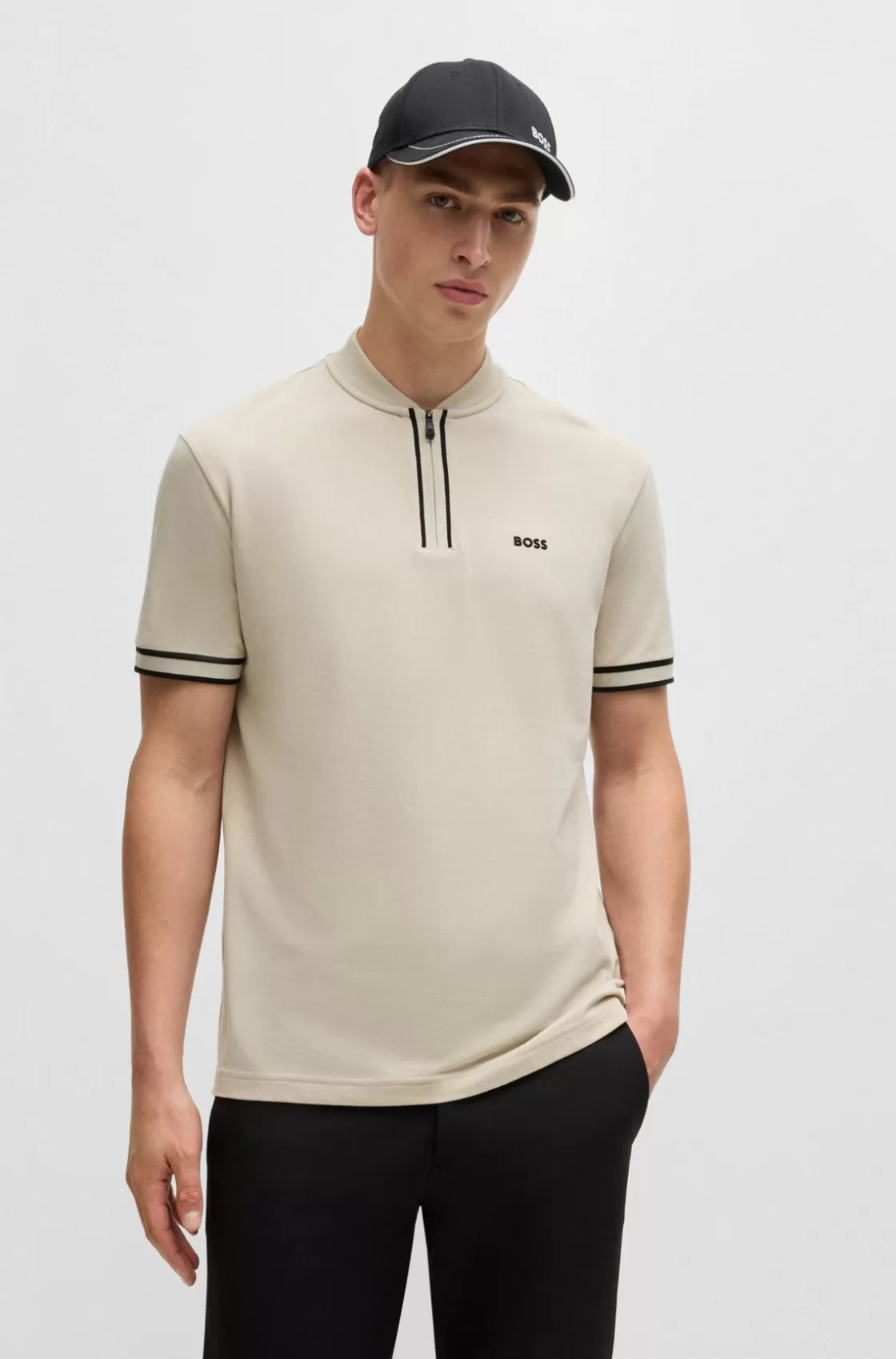 HUGO BOSS Zip-neck Polo Shirt In Stretch-cotton Piqué Light Beige Clearance