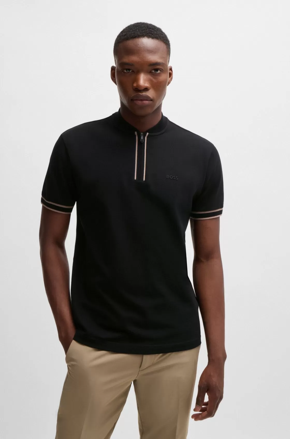 HUGO BOSS Zip-neck Polo Shirt In Stretch-cotton Piqué Black Hot