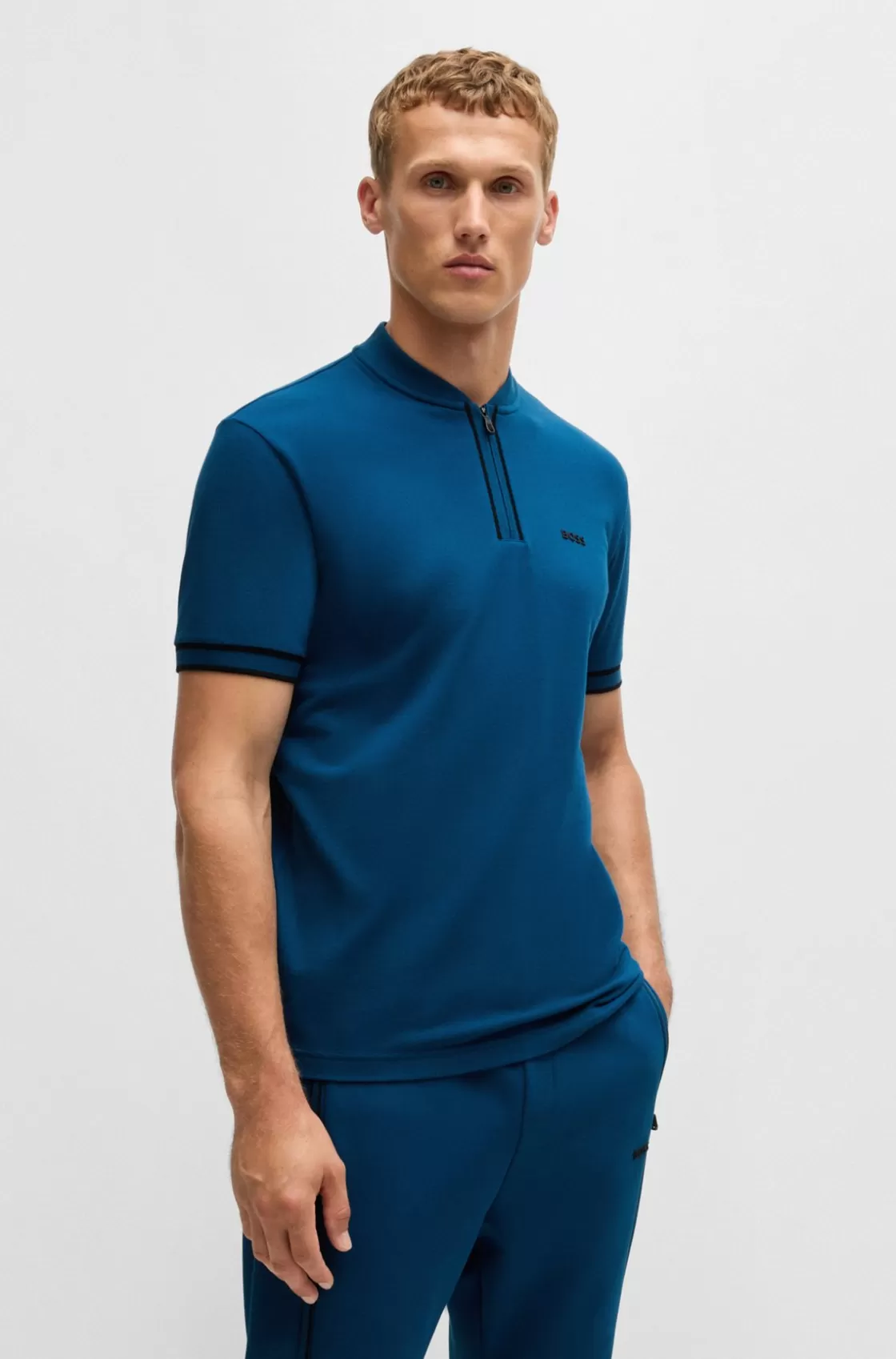 HUGO BOSS Zip-neck Polo Shirt In Stretch-cotton Piqué Light Blue Store