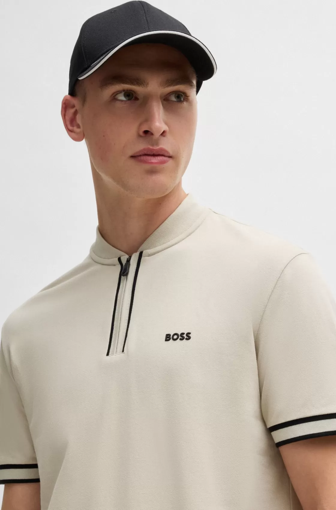 HUGO BOSS Zip-neck Polo Shirt In Stretch-cotton Piqué Light Beige Clearance