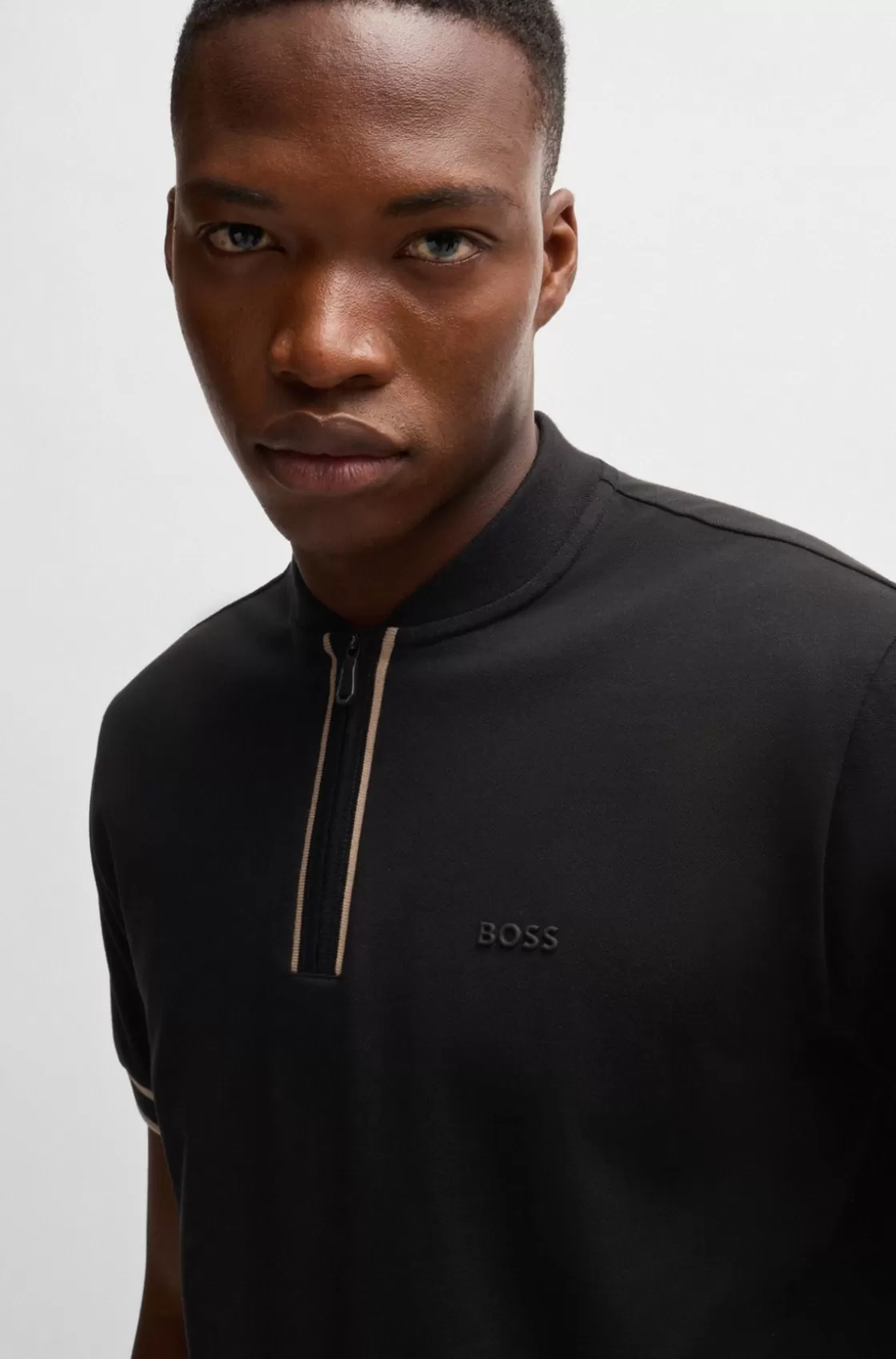 HUGO BOSS Zip-neck Polo Shirt In Stretch-cotton Piqué Black Hot