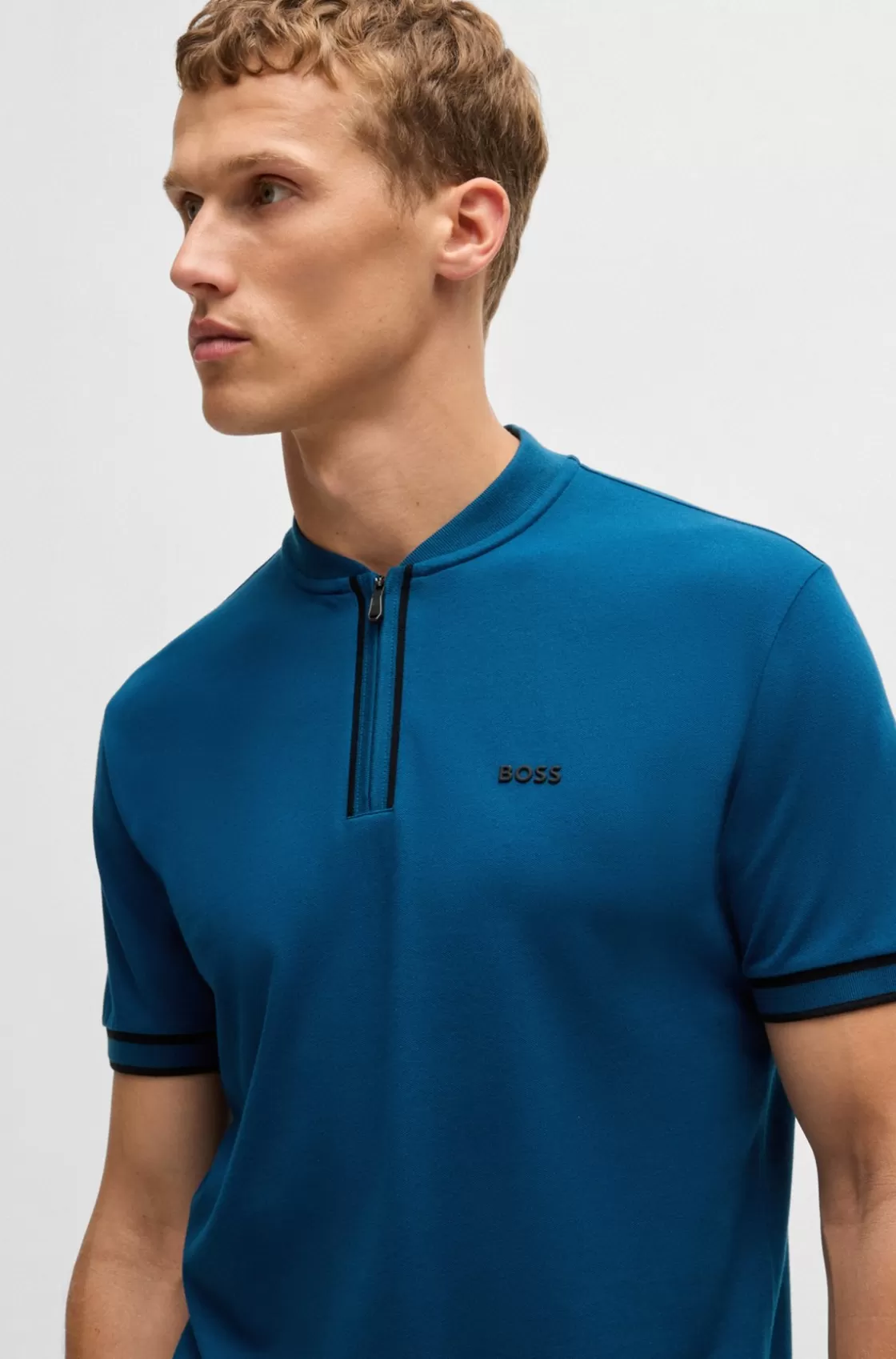 HUGO BOSS Zip-neck Polo Shirt In Stretch-cotton Piqué Light Blue Store