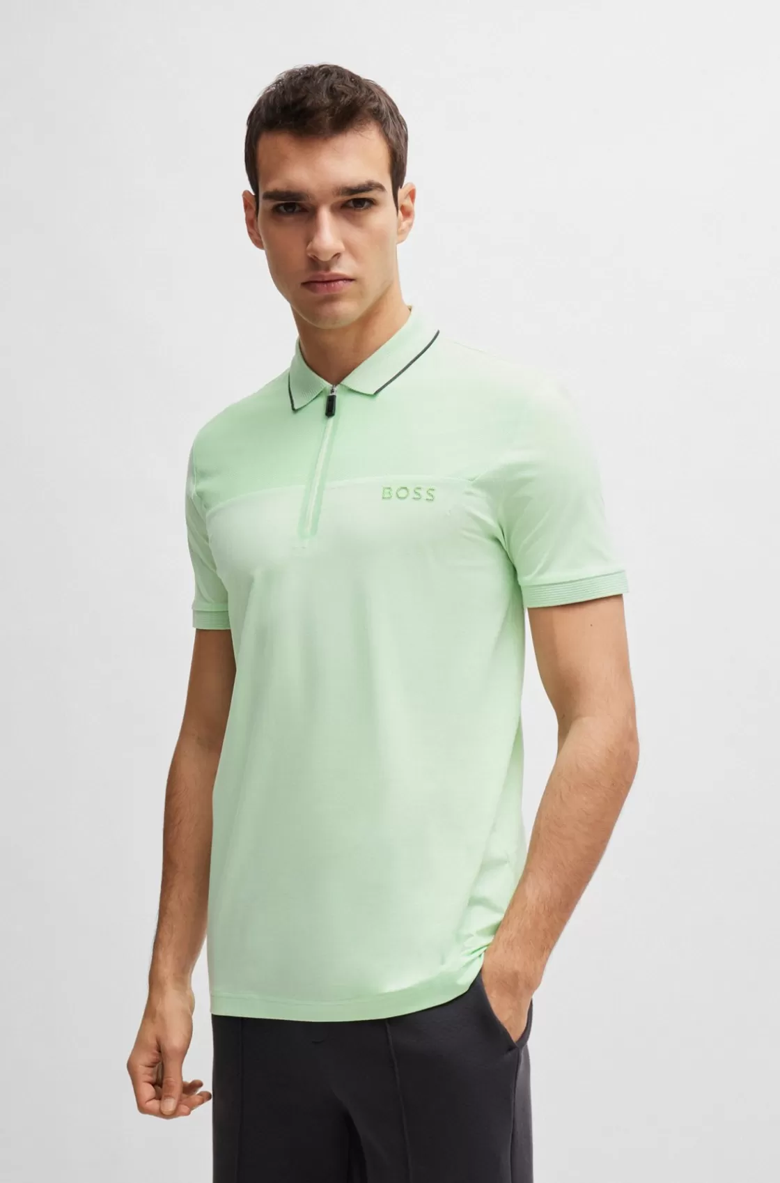 HUGO BOSS Zip-neck Slim-fit Polo Shirt With Mesh Details Light Green Cheap