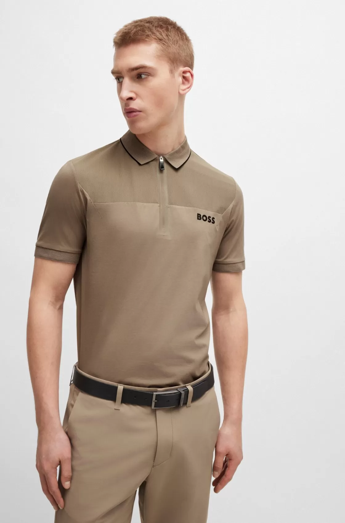 HUGO BOSS Zip-neck Slim-fit Polo Shirt With Mesh Details Light Green Cheap