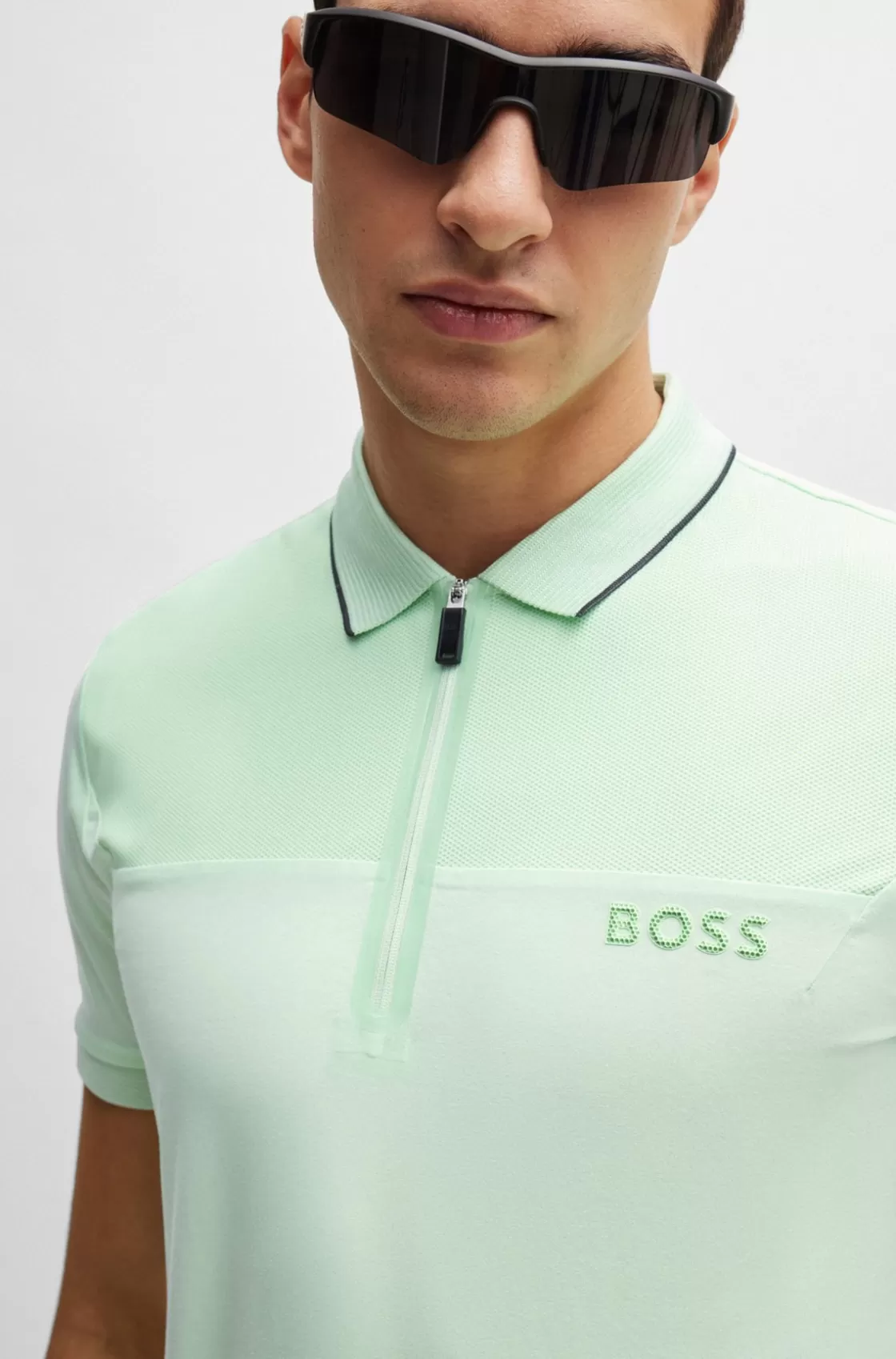 HUGO BOSS Zip-neck Slim-fit Polo Shirt With Mesh Details Light Green Cheap