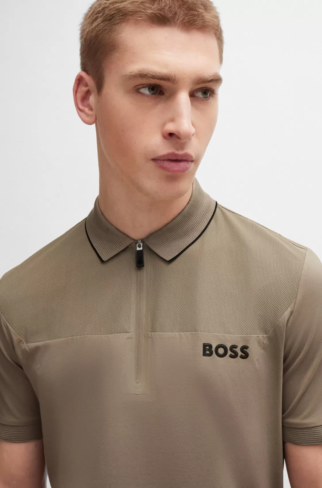 HUGO BOSS Zip-neck Slim-fit Polo Shirt With Mesh Details Light Green Cheap