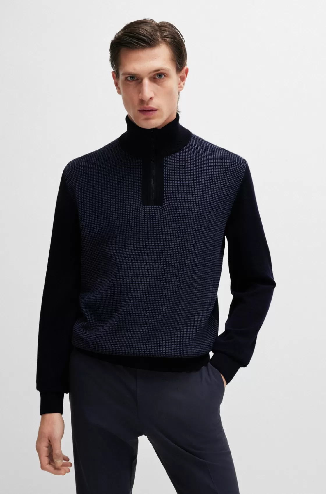 HUGO BOSS Zip-neck Sweater With Mixed Structures Dark Blue Discount