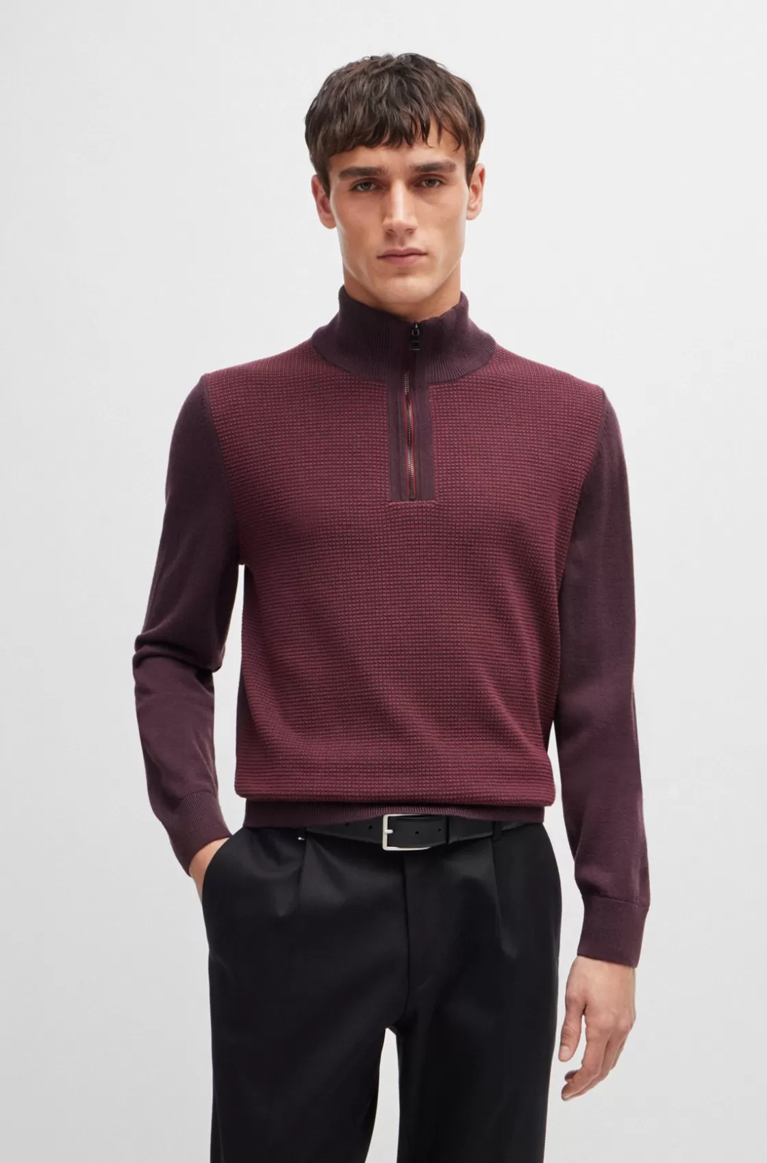 HUGO BOSS Zip-neck Sweater With Mixed Structures Light Red Discount
