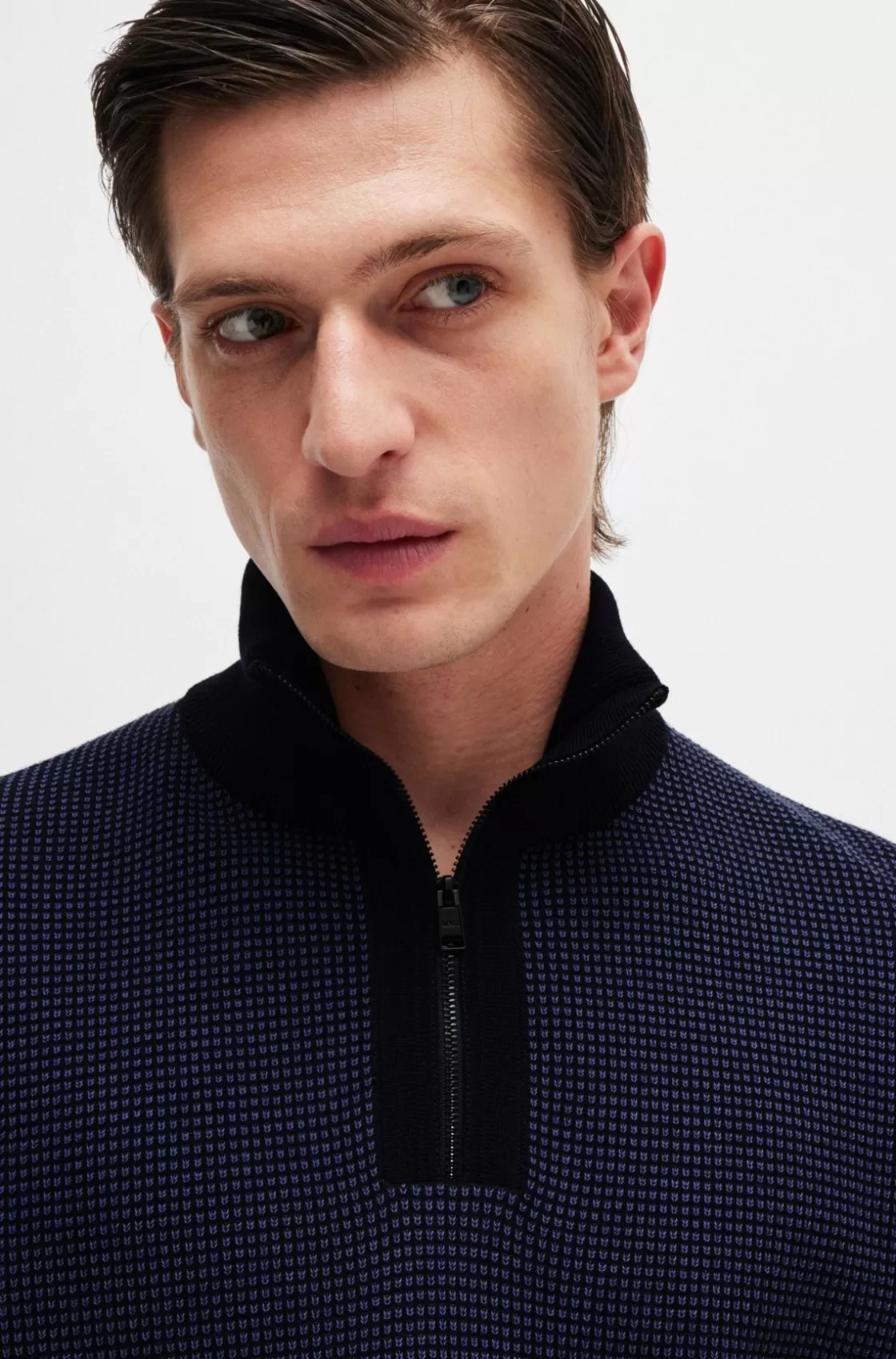 HUGO BOSS Zip-neck Sweater With Mixed Structures Dark Blue Discount