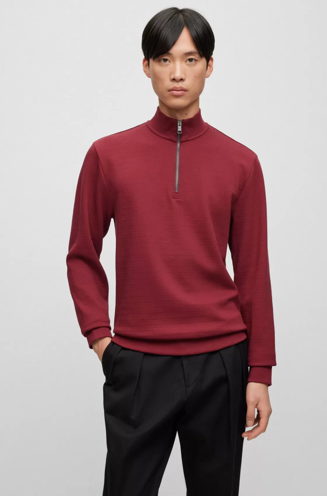 HUGO BOSS Zip-neck Sweatshirt In Mercerized Cotton Jacquard Dark Red Online