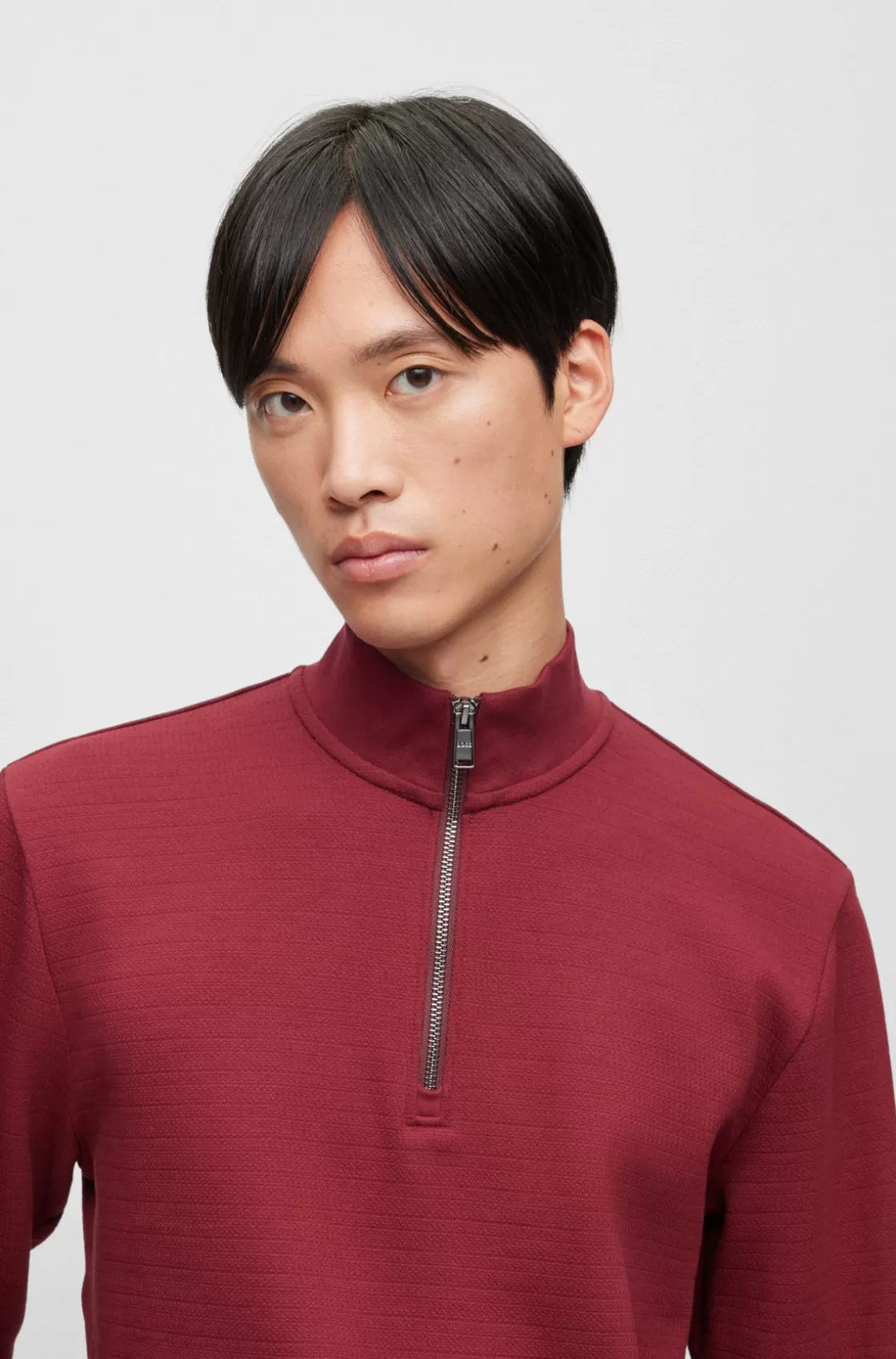 HUGO BOSS Zip-neck Sweatshirt In Mercerized Cotton Jacquard Dark Red Online