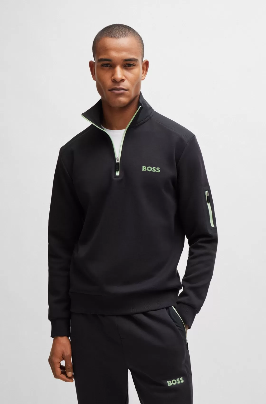 HUGO BOSS Zip-neck Sweatshirt With 3D-molded Logo Dark Grey Flash Sale