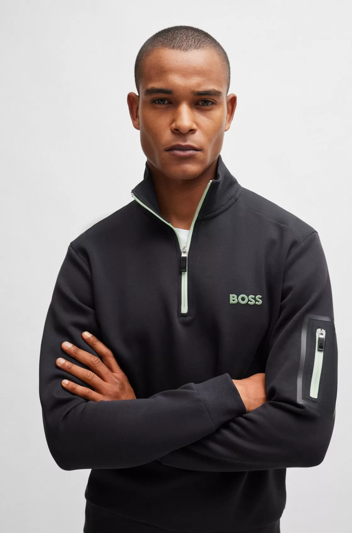 HUGO BOSS Zip-neck Sweatshirt With 3D-molded Logo Dark Grey Flash Sale