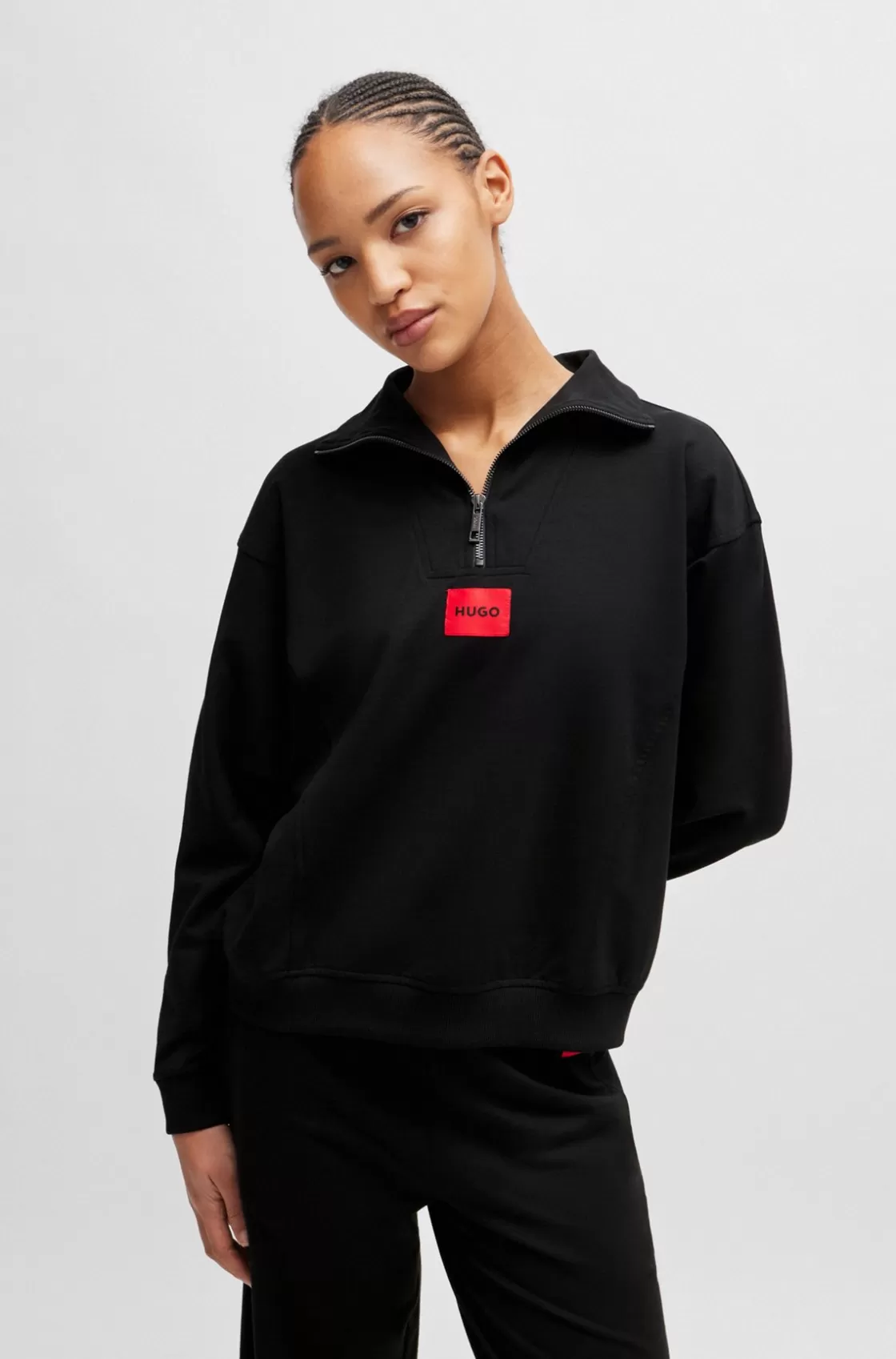 HUGO BOSS Zip-neck Sweatshirt With Logo Label Black Cheap