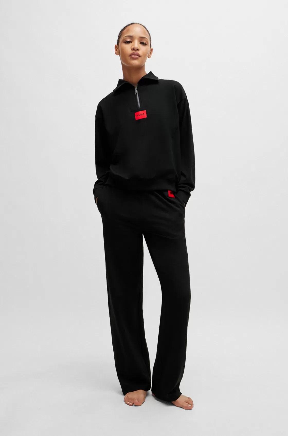 HUGO BOSS Zip-neck Sweatshirt With Logo Label Black Cheap