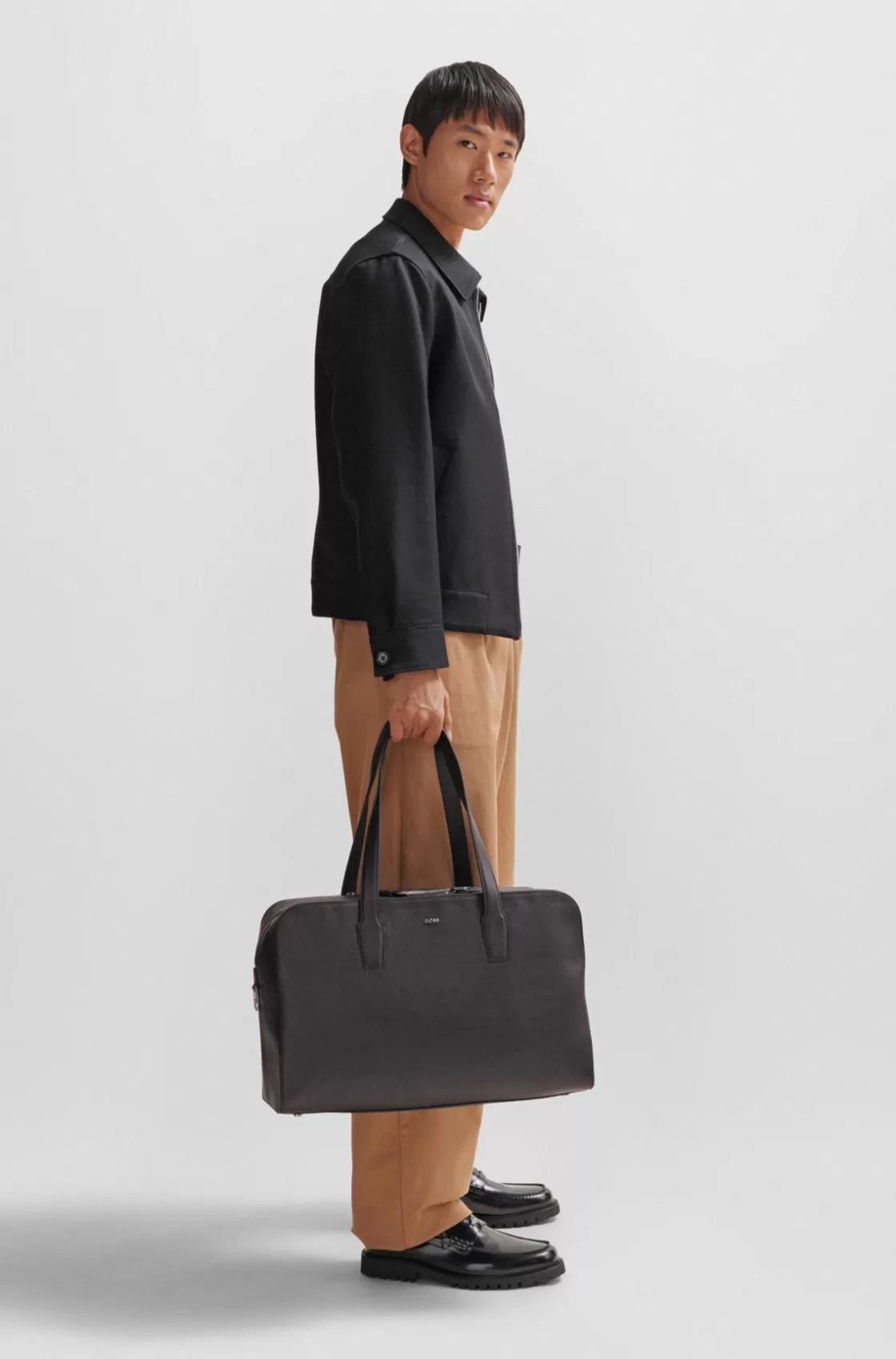 HUGO BOSS Zipped Holdall In Grained Leather With Logo Lettering Black Best