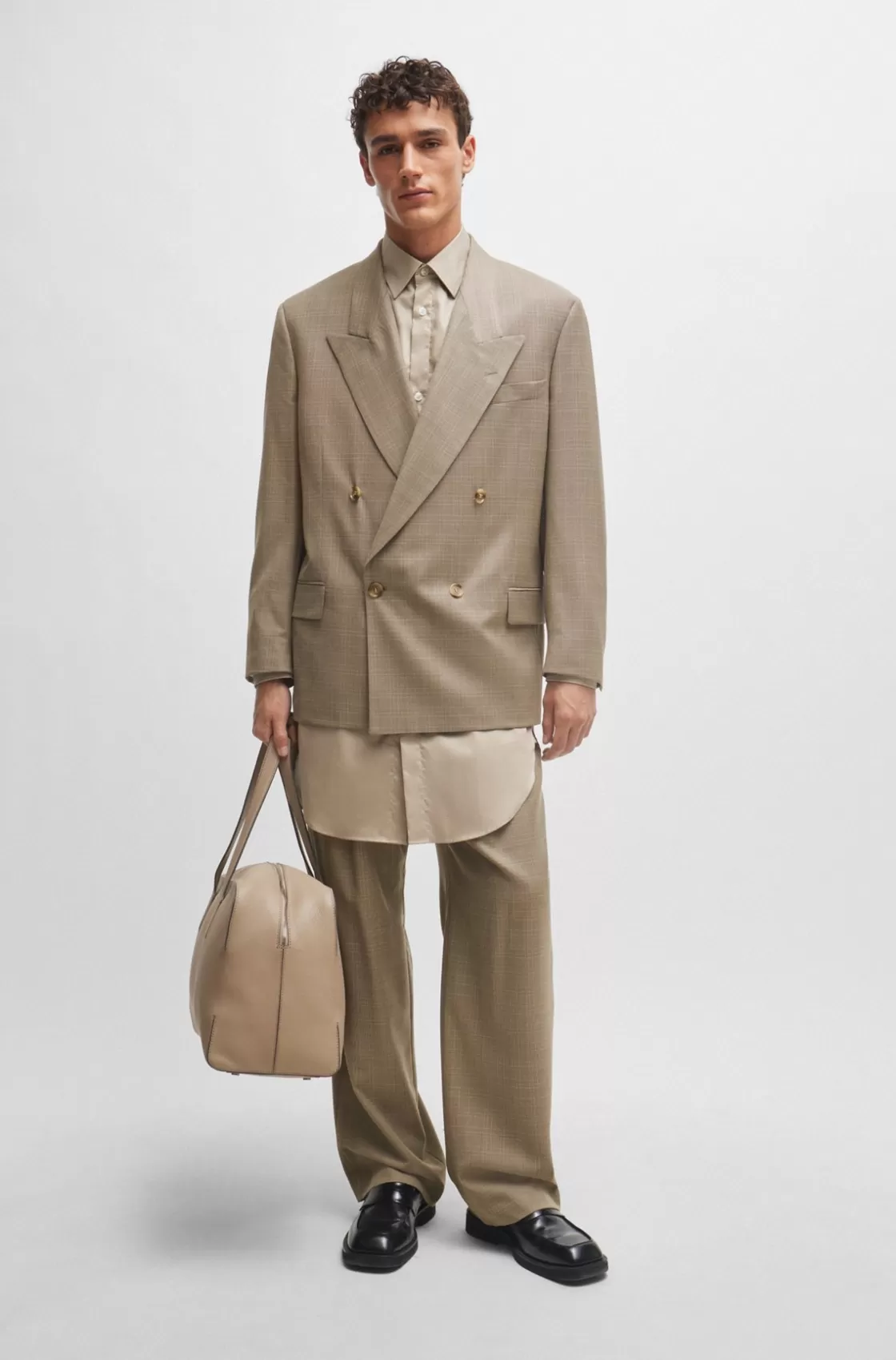 HUGO BOSS Zipped Holdall In Grained Leather With Logo Lettering Light Beige Shop