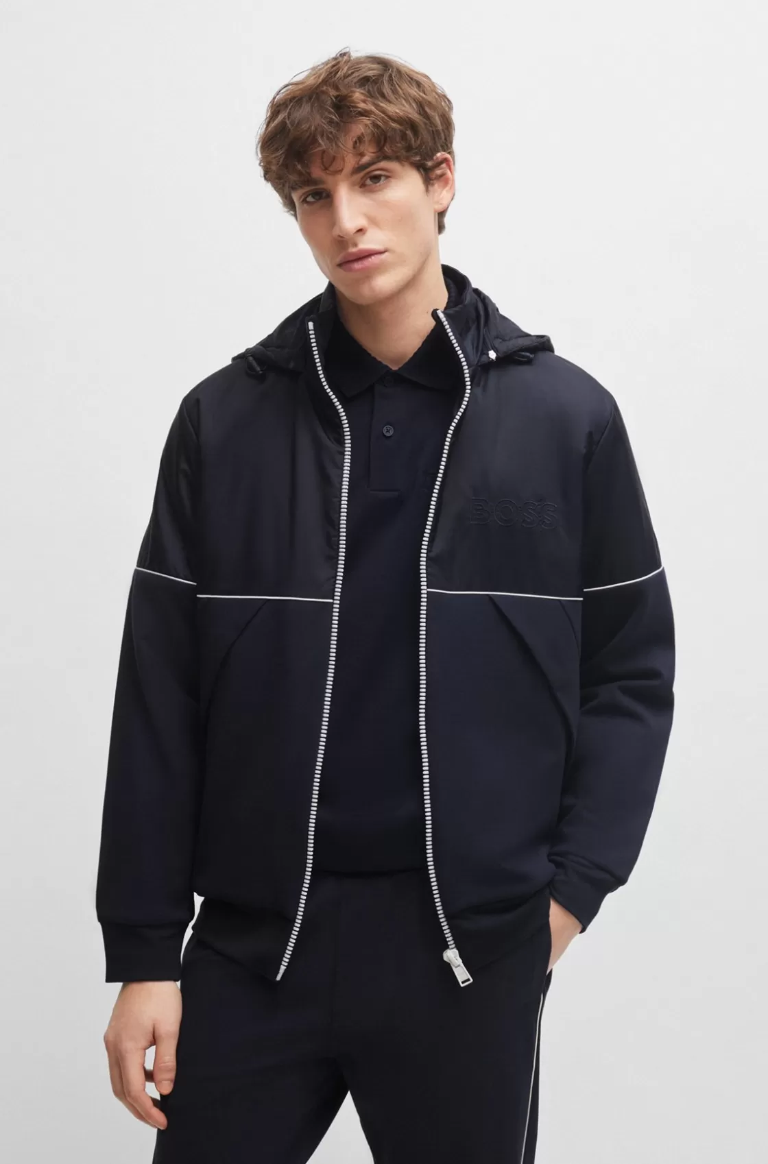 HUGO BOSS Zip-up Hoodie In Mixed Materials With Logo Detail Dark Blue Best Sale
