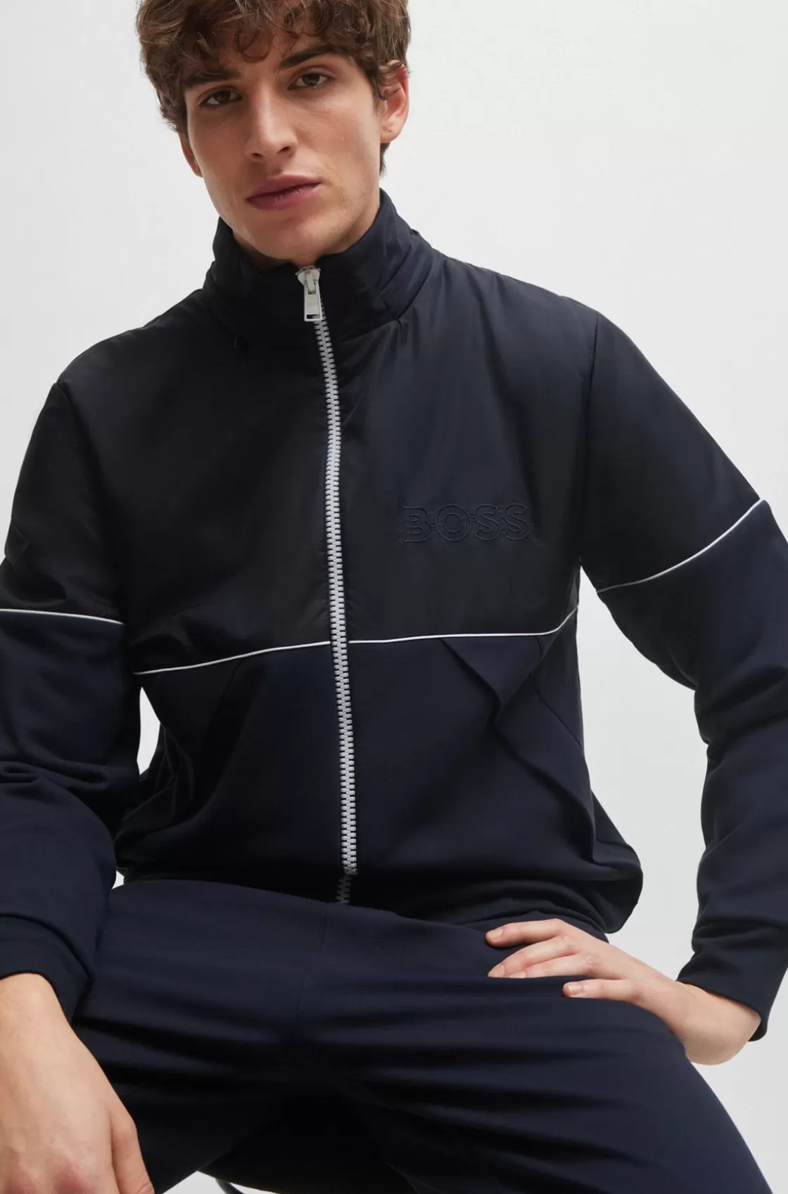 HUGO BOSS Zip-up Hoodie In Mixed Materials With Logo Detail Dark Blue Best Sale