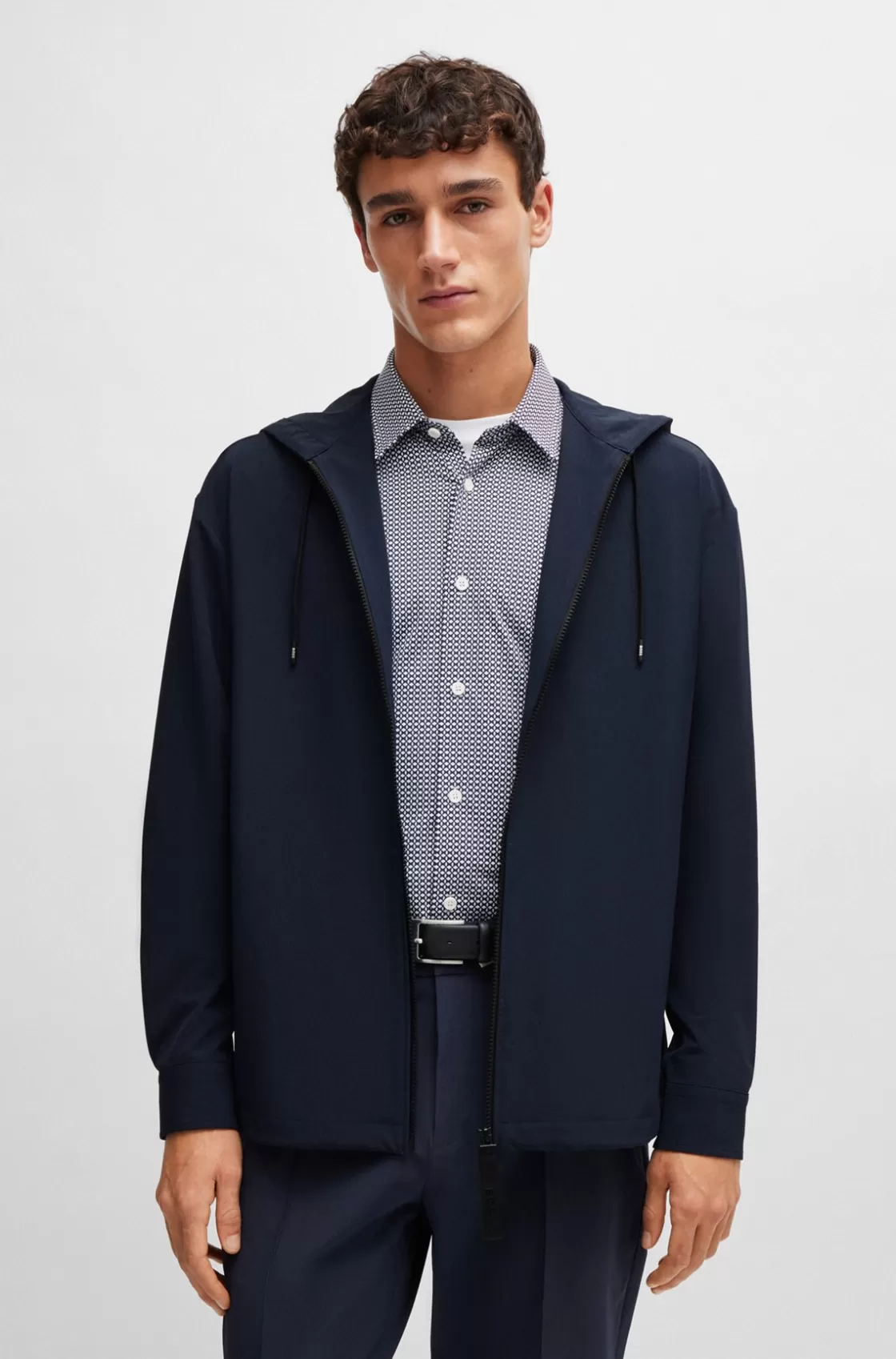 HUGO BOSS Zip-up Relaxed-fit Hooded Shirt In Stretch Fabric Dark Blue Online