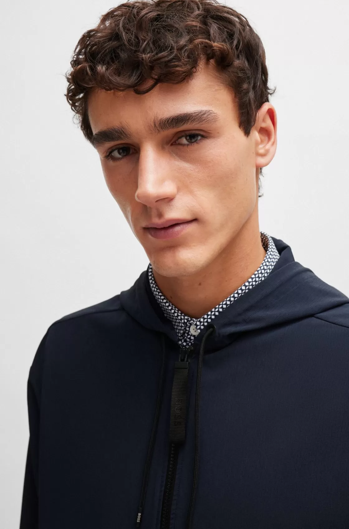 HUGO BOSS Zip-up Relaxed-fit Hooded Shirt In Stretch Fabric Dark Blue Online