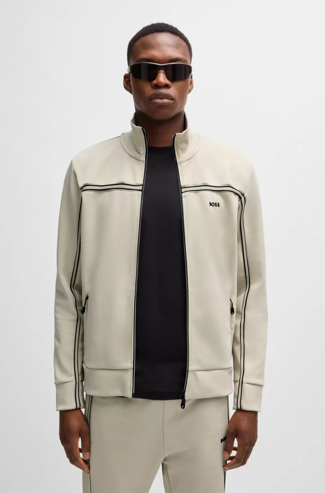 HUGO BOSS Zip-up Sweatshirt With Tape Inserts Light Beige Best